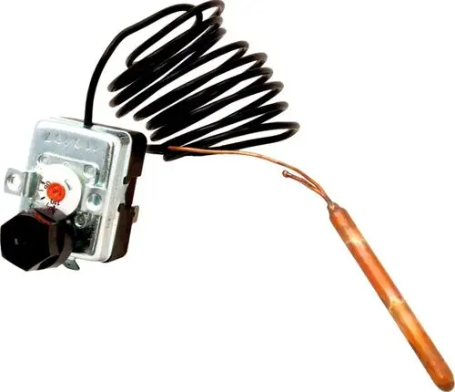 Sicherheitsthermostat von Wolf mit einstellbarem Regler, einer Metallbasis und einem langen, spiralförmigen Kabel, das zu einer Kupferverbindung führt.